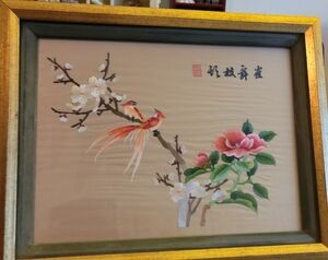 Vintage Japanese Silk Embroidery Handmade Framed Birds Flower Blossom Picture